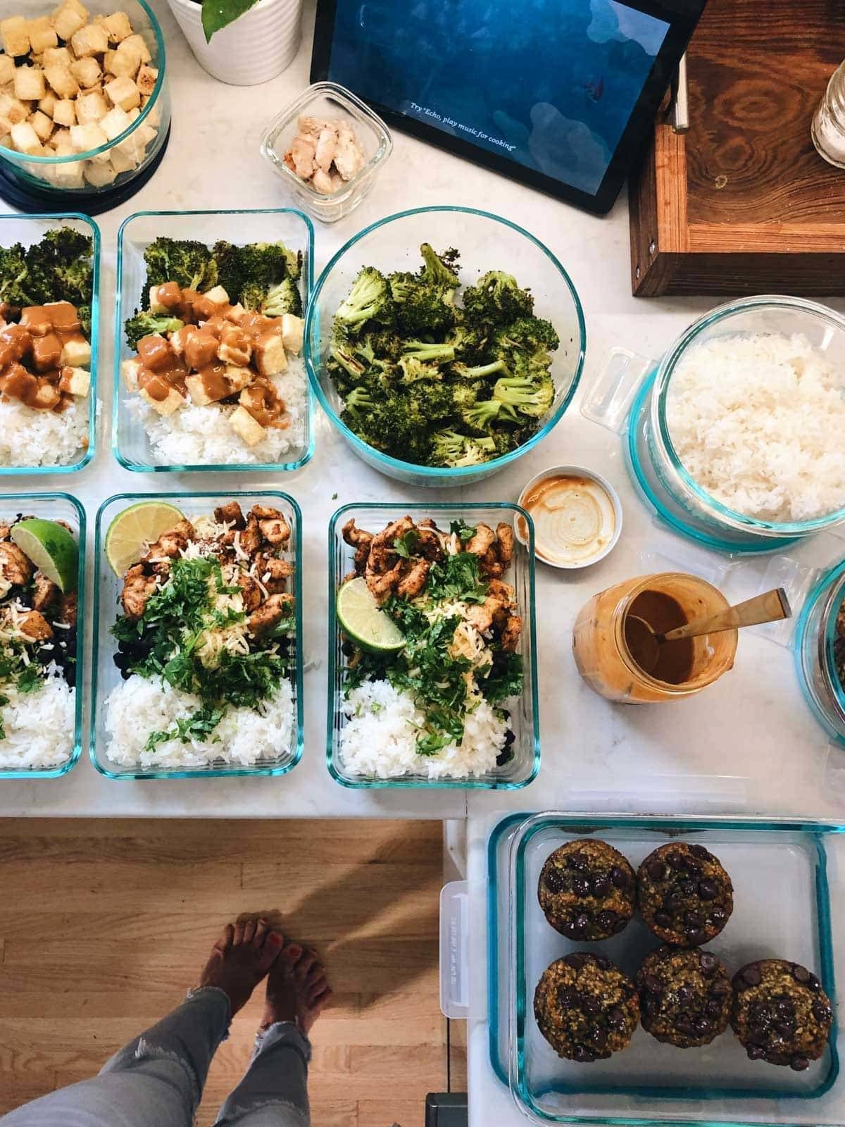 Meal prep containers with food.