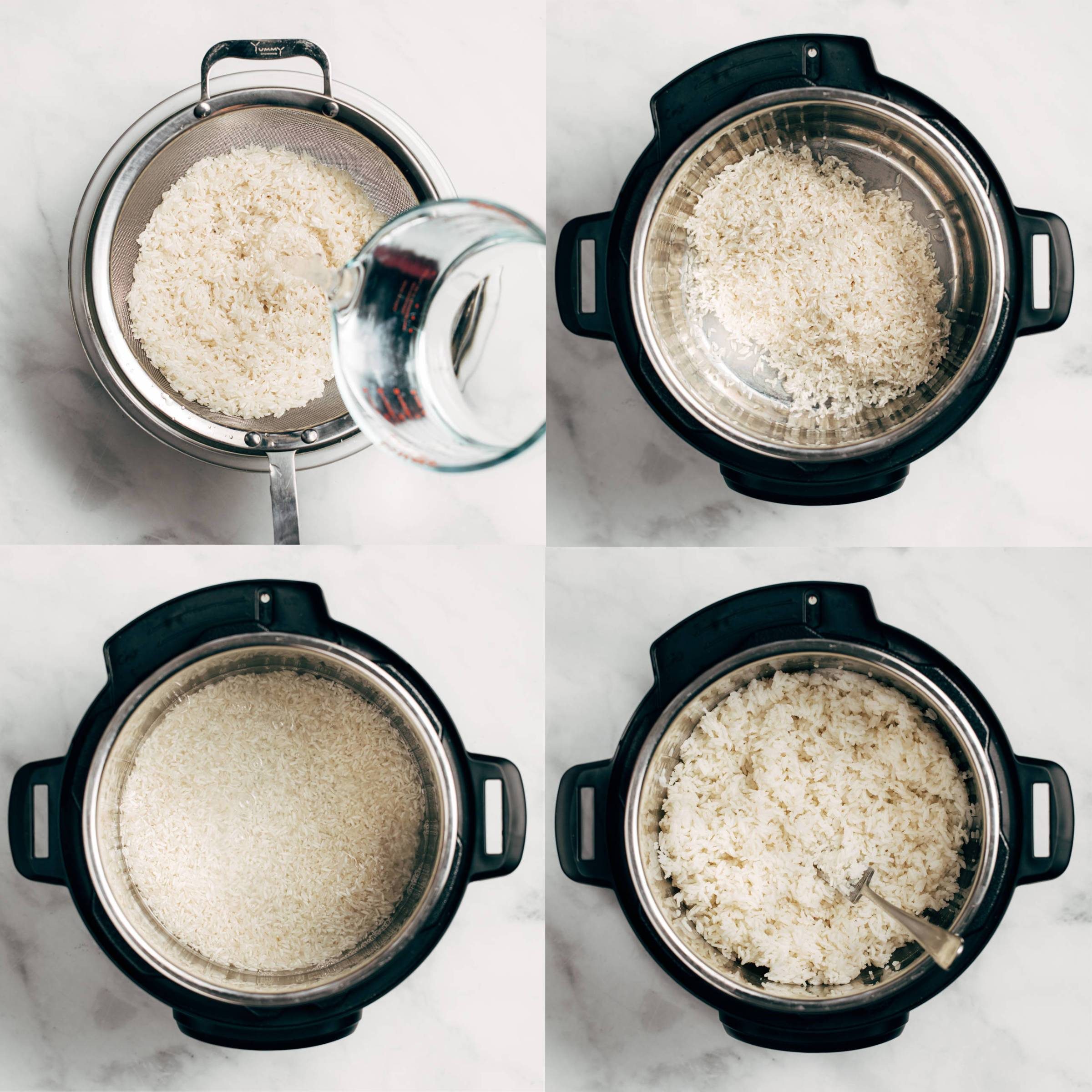 Grid of four photos showing how to cook white rice in the Instant Pot.
