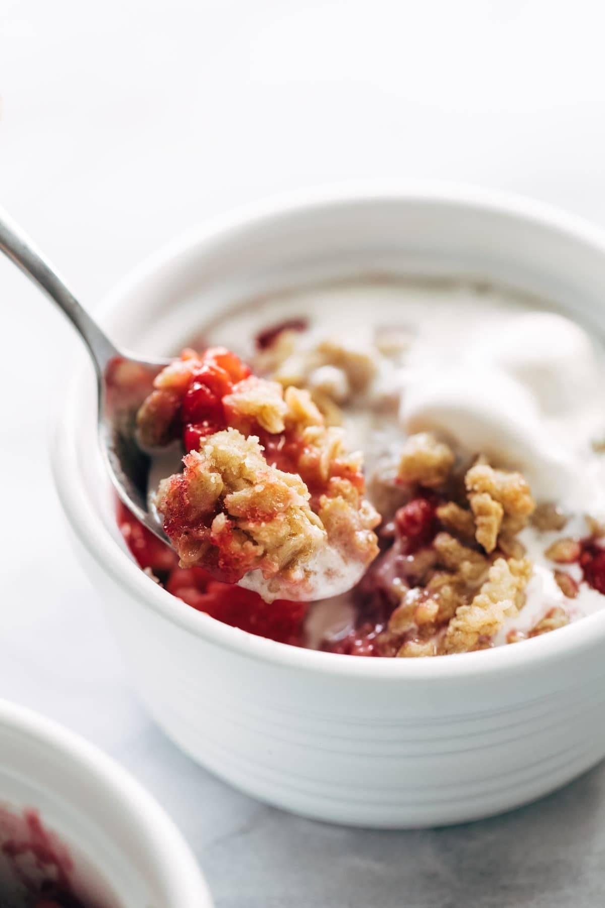 Spoonful of raspberry crumble.