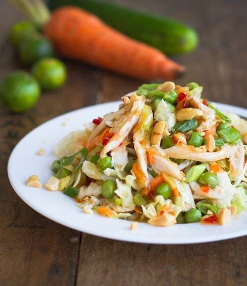 Asian chicken salad topped with sesame chili vinaigrette. 